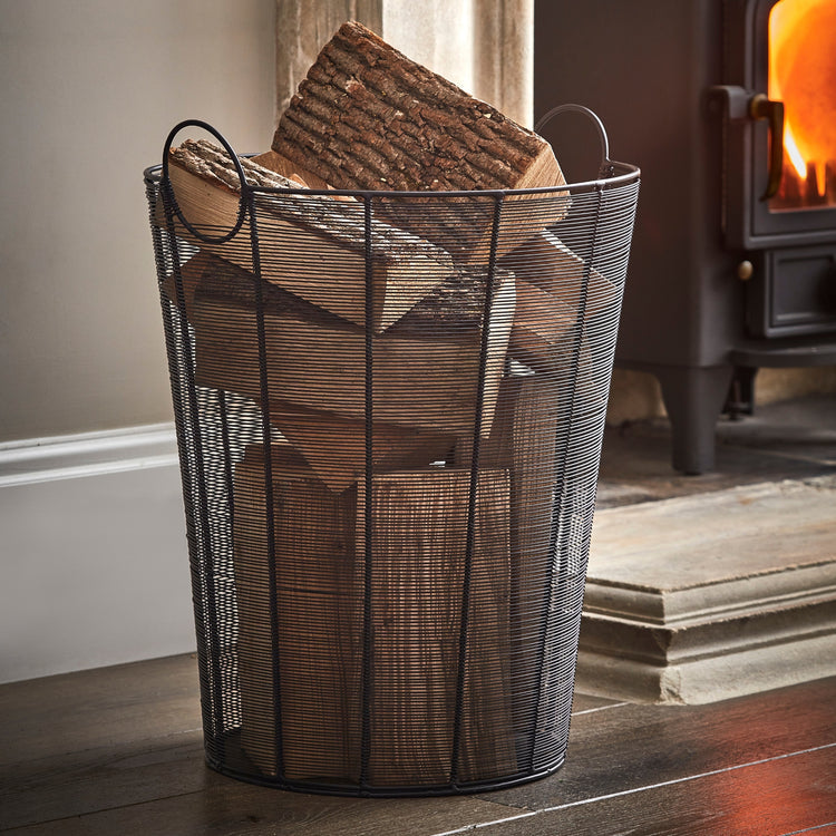 Black Metal Wire Log Basket for Firewood Storage