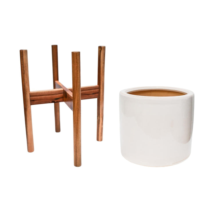 Modern Ceramic Indoor Planter with Wooden Stand