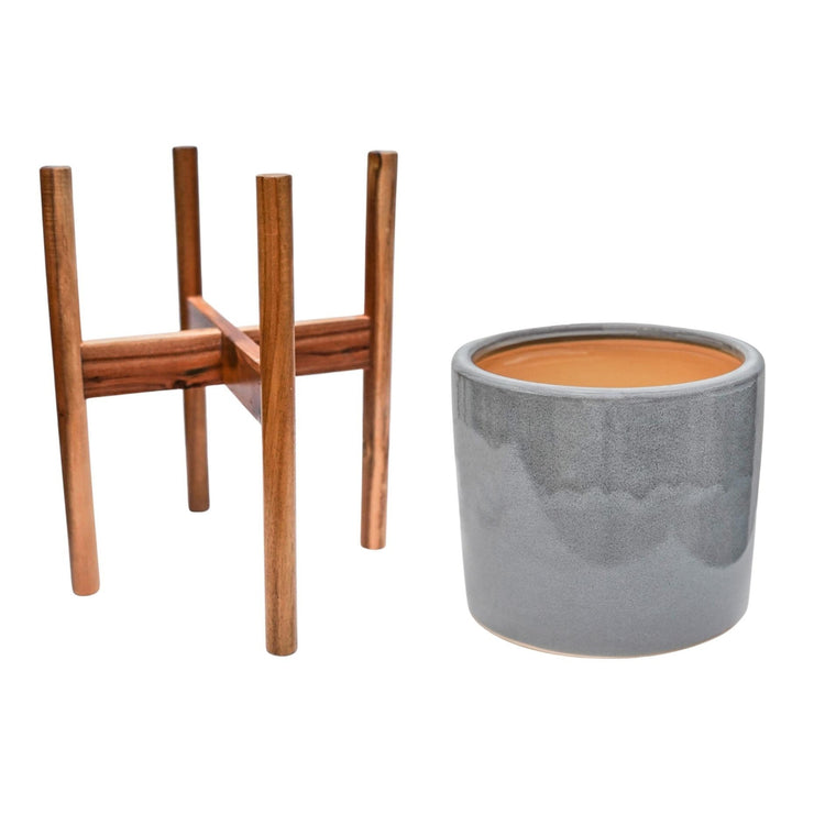 Modern Ceramic Indoor Planter with Wooden Stand